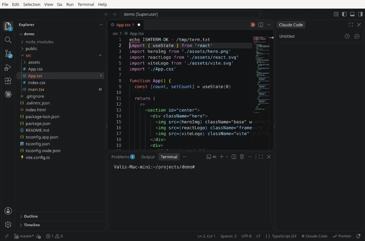 Visual Studio Code editing a TypeScript project with its integrated terminal